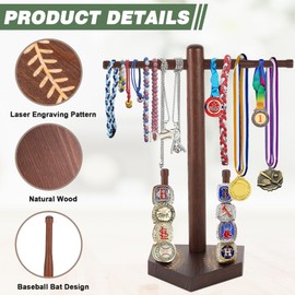 ASTROLIN Baseball Ring & Drip Necklace Holder, Wooden Baseball or Softball Ring Display Holder with Baseball Stand, Baseball Accessories Decor, Men Gift for Baseball Players and Lovers