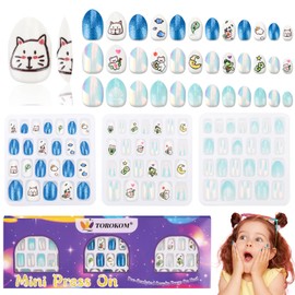 TOROKOM Press on Nails for Kids, 72Pcs 3Pack Fake Nails for Kids Pre-glue Full Cover Blue Glitter Gradient Bear Cat Flower Nails Sets Gifts for Girls 8-12 Years