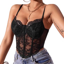 KYKUSS Lace Corset Top V Neck Elastic Straps for Party Streetwear Going Out Party Corset Tops for Women Bustier (9038Black-M)