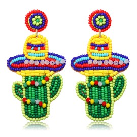 NLCAC Cinco De Mayo Earrings Beaded Sombrero Hat Pepper Taco Fiesta Dangle Earings Mexican Holiday Party Earrings (Sombrero Cactus)