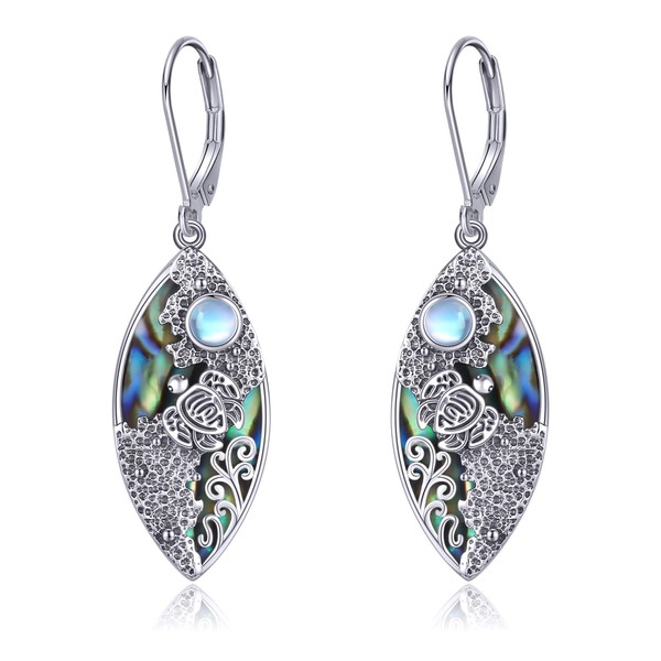 Turtle Earring Sterling Silver Moonstone Beach Dangle Drop Earring Sea