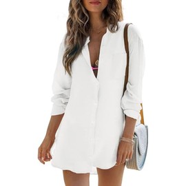 Womens Beach Cover Up Button Down Shirts Summer Cotton Gauze Tops Long Sleeve Bikini Swimsuit