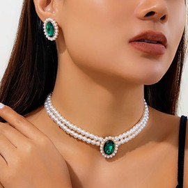 Prosy Layered Pearl Choker Necklace Earrings Set Green Crystal Adjustable Collar Necklaces for Women and Girls