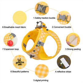 Soft Mesh Dog Harness and Leash Set, Step-in Escape Proof Vest Harnesses, Reflective Breathable Pet Harness Adjustable Plaid Pet Outdoor Harnesses for Medium Dogs, Yellow L