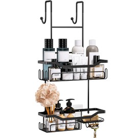HapiRm Hanging Shower Caddy Over the Door with Soap Holder, No Drilling Adhesive Shower Organizer with 11 Hooks, Rustproof & Waterproof 304 Stainless Steel Bathroom Shelves - Black