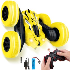 Carro de Control Remoto, Coche Acrobático 4WD RC,Coche de Acrobacias de Doble Cara Todo Terreno de 2.4 GHz,Rotación de 360 ​​°,con Faro LED,Juguete para Regalo para Niños de 4 a 12 Años (Amarillo)