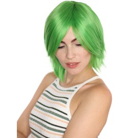 Prettyland Green Medium Long Short Wig with Fringe Tiered Fringe for Men and Women Green Wig C1244
