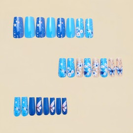 French Tip Press On Nails Medium Coffin Fake Nails with Blue Butterfly Flower Design False Nails Medium Coffin Glue on Nails Full Cover Thick Stick on Nails for Women Girls 24Pcs Y718