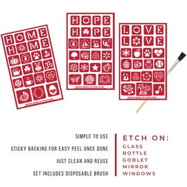 Armour Etch Over N Over Reusable Glass Etching Stencils | Etch Stencil Set with Hope, Love, Home Theme with Assorted Designs | Includes Brush, Total 4 Items