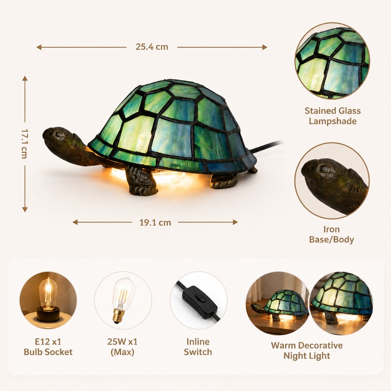 Stained Glass Turtle Table Lamp for Bedside Décor – Blue