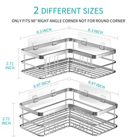 Yazoni Shower Shelf No Drilling Pack of 2 - Shower Shelf Corner with Hooks, Stainless Steel Shower Shelf for Bathroom and Kitchen (Silver)