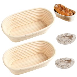 DAJASD Bread Proofing Basket, 2PCS 25cm/10Inch Oval Natural Rattan Banneton Proofing Basket, Sourdough Proving Basket with Linen Cloth Liner, Sourdough Bread Professional Home Making Tool Kit