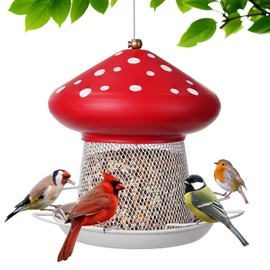 IWNTWY Bird Feeder, Heavy Duty Metal Bird Feeders for Outdoor Hanging, Cute Mushroom Shape 3.5 LB Large Capacity Wild Birdfeeder for Outside Garden Yard (Red)