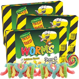 Toxic Worms Theatre Box, Assorted Fruit Flavored Sour Gummy Candies, Movie Night Candy or Party Snacks, 3 Pack, 3 Ounces