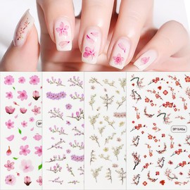 6 Sheets Flower Nail Art Stickers 3D Self Adhesive Nail Supply Pink Flowers Peach Cherry Blossom Nail Design Stickers Spring Floral Nail Decals for Women DIY Manicure Flowers Nail Decoration
