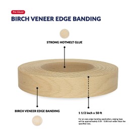 Birch Wood Veneer Edge Banding 1 1/2 inch x 50 ft Pre Glued Adhesive Edging Trim Tape Iron On Flexible Strip Roll Laminate Cabinate Countertop Furniture Shelf MDF Board Paintable Molding Easy Trimmer