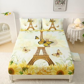 QOOMO Eiffel Tower Kids Sheets Set Sunflower Super Soft Kids Bedding Set Paris French Style Breathable Room Decoration Bed Sheets Queen Size 1 Fitted Sheet, 1 Flat Sheet, 2 Pillow Cases