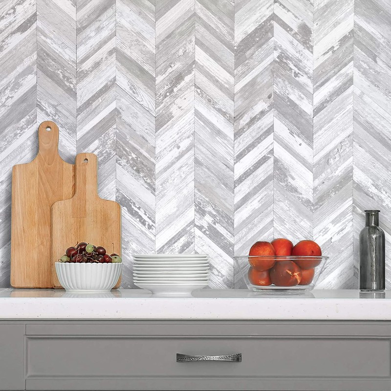DICOFUN 10-Sheet Herringbone Peel and Stick Backsplash, Vintage White Wood