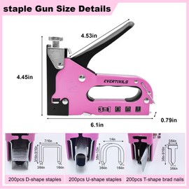 Evertools Upholstery Staple Gun Heavy Duty, 3 in 1 Women Pink Manual Stapler with 600 Staples, for Wood, Cable, Crafts, Fabric, Decoration, Carpentry, Furniture, Material Repair and DIY