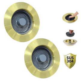 Hibbent 2 Pack Upgraded 3 in 1 Kitchen Sink Drain Strainer and Stopper Combo, Stainless Steel Metal Pop Up Sink Stopper, Anti-Clogging Basket Strainer for US Standard 3-1/2 Inch Drain, Brushed Gold