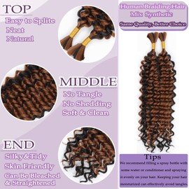 Human Braiding Hair Mix Synthetic Boho Hair for Braiding, 18 Inch Deep Wave Bulk for Boho Braids 2 Pcs Curly Bohemian Wet and Wavy Braiding Hair(P4/30#, 18 Inch-2pcs)