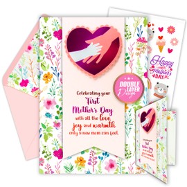 Decorably Foiled 5x7in Individual First Mothers Day Card with Heart Cutout and Floral Design, Textured Mother's Day Cards for First Time Moms with Envelope and Stickers, with Printed Message Inside
