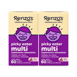 Renzo’s Picky Eater Multi Kit de 2 | Multivitamínico para Niños | 2 Envases con 60 Tabletas Masticables Cada Uno | 18 Vitaminas y Minerales | Sin Azúc