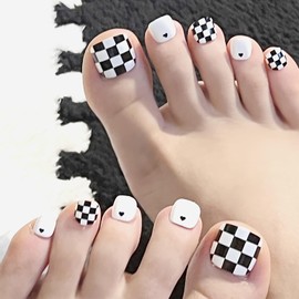 Vezocim Press on Toenails with Black White Checkerboard Designs, 24Pcs Artificial White Fake Nails for Toe, Glossy Full Cover Square Acrylic False Toenails, Glue ons Toenails with Charm for Women