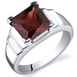 PEORA Garnet Statement Solitaire Ring for Women 925 Sterling Silver, Natural Gemstone, 3 Carats Princess Cut 8mm, Comfort Fit, Size 8, Engagement, Promise, Statement Ring, January Birthstone Ring