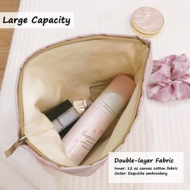 Yovell Large Aesthetic Makeup Bag, Floral Cosmetic Bags for Women Girls, Canvas Makeup Organizer Storage with Zipper, Travel Toiletry Bag, Cute Skincare Bag (Pink Bow)