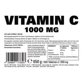 Syglabs Vitamin C 1000mg, mit Hagebutte und Bioflavonoiden - 500 Tabletten