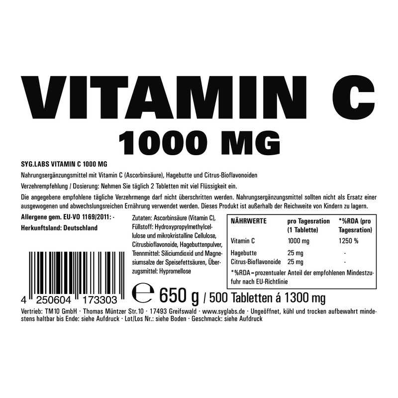 Syglabs Vitamin C 1000mg, mit Hagebutte und Bioflavonoiden - 500