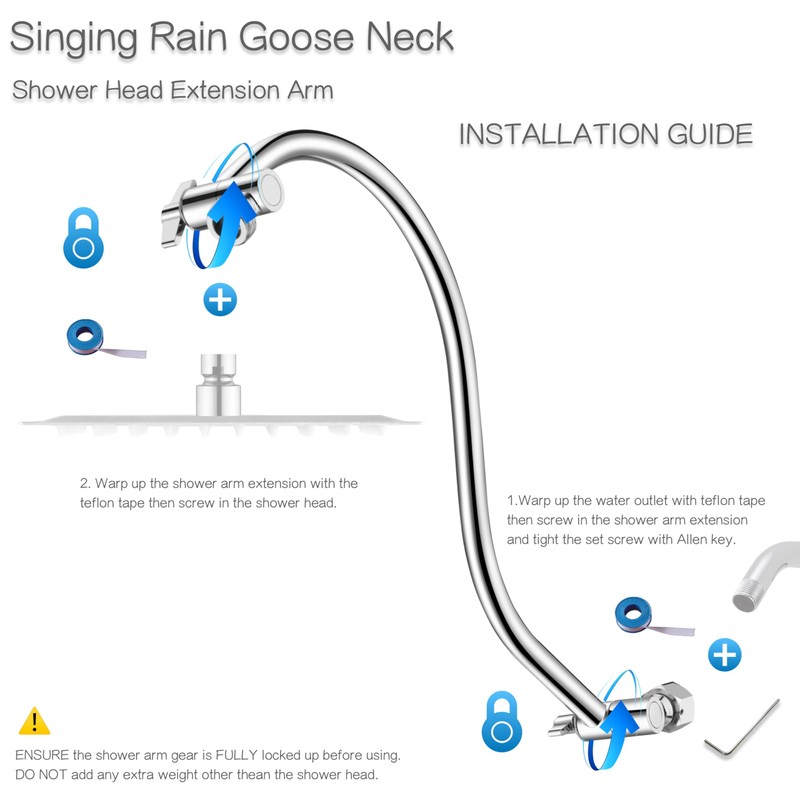 15 inch Goose Neck Curved Extra Long Adjustable Shower Head