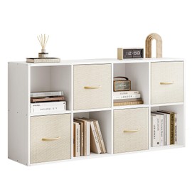 8 Cube Storage Organizer - Solid Wood Bookshelf with 4 Storage Bins, Cube Shelf with 2 Removable Back Panels, Vertical or Horizontal Bookcase, Open Book Shelf for Bedroom, Living Room, Office, White