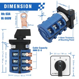 KEYMOO 63A Rotary Change-Over Switch with Copper Cable Connector, 660V 3 Position 3 Phase 12 Terminals, Universal Selector Switch with AWG 12-6 Wire Open Lugs, Cam Switch 63/D303.3