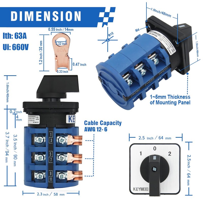 KEYMOO 63A Rotary Change-Over Switch with Copper Cable Connector, 660V