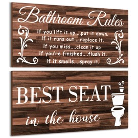 2 Pieces Funny Bathroom Wall Decor Sign Farmhouse Bathroom Rule Wall Art Toilet Rustic Bathroom Decoration Best Seat Wooden Sign (Retro Style)