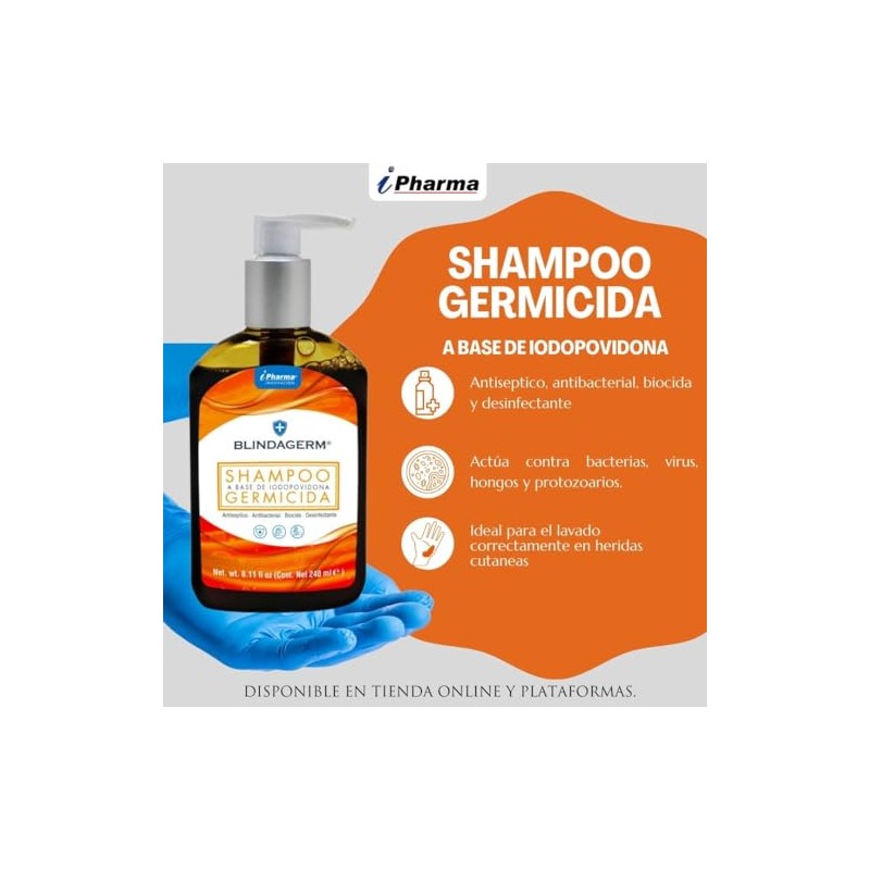 Shampoo pos operatorio con yodopovidona Blindagerm de 240 ml. Ideal