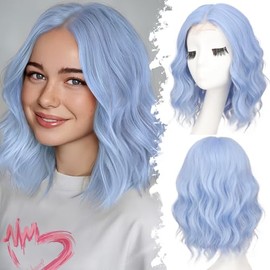 Eawwii Light Blue Short Wavy Wig for Women Lace Hairline Bob Style Synthetic Heat Resistant - Natural Appearance for Everyday Hairstyle 14 Inch