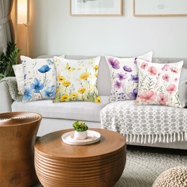 TAJWE Spring Floral Pillow Covers 18X18 Set of 4 Summer Flowers Throw Cushion Cases for Couch Home Decor