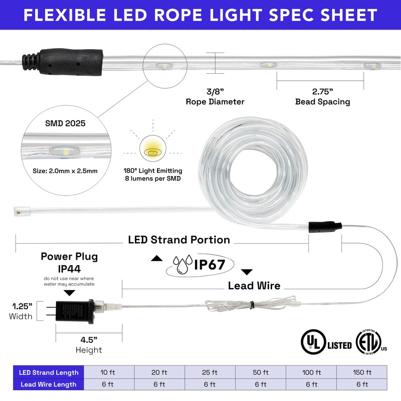 West Ivory 25ft 8-Mode LED Rope Light, Outdoor Waterproof Accent