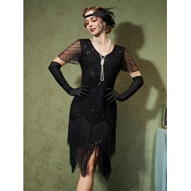 YESSA Flapper Dresses for Women,Short Sleeve 1920s Dresses Great Gatsby Dresses for Women Roaring 20s Costumes Outfits,Black,Large