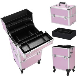 DESIGNSCAPE3D 3 in 1 Rolling Makeup Train Case with Wheels – Aluminum Pink Cosmetic Trolley Organizer for Beauty, Hair, Nail, Tattoo Supplies – Lockable Storage Box for Professionals & Travel