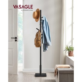 VASAGLE Coat Rack, Solid Wood Coat Stand, Freestanding Hall Tree, 8 Hooks, Ink Black URCR010B01