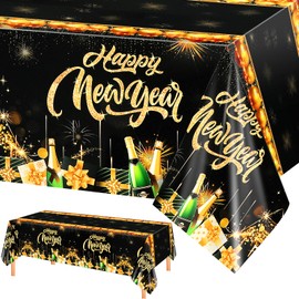 PHOGARY 2025 New Years Tablecloth, 2 Pack NYE Table Cloth for Happy New Year Table Decorations 2025, New Years Eve Party Supplies Disposable Black Gold New Year's Party Decor Table Covers 54 x 108