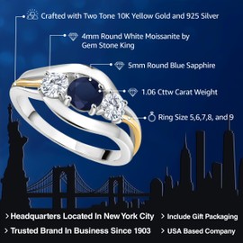 Gem Stone King 925 Sterling Silver and 10K Yellow Gold Round Blue Sapphire and White Moissanite 3 Stone Ring For Women (1.06 Cttw, Available In Size 5, 6, 7, 8, 9)