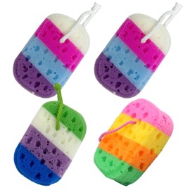 Shower Bath Sponge 4 Pack Bath Sponge for Women Exfoliating Body Shower Sponge Double-Sided Fiber Body Bath Scrubber Bathroom Shower Colorful Sponge Body Wash Deep Bathing Accessories