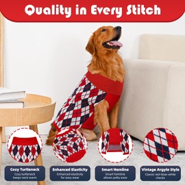 Lorehelina Dog Sweater Knit Turtleneck Pullover for Large Dogs Plaid Checkered Winter Clothes for Boys Girls Stretch Golden Retriever Labrador Bulldog Pitbull Doberman Christmas Pet XXL