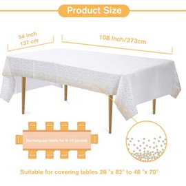 Kesfey White and Gold Tablecloths, 54 x 108 Inch, Gold Dots, White Plastic Tablecloths, Disposable Plastic Tablecloth, Paper Tablecloths for Parties, Weddings, Pack of 3