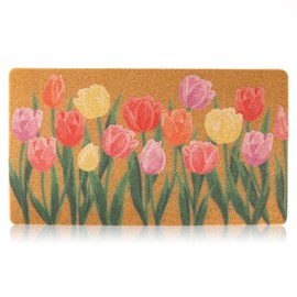 Dripykiaa Spring Coir Door Mat for Front Door 30''x 17'' Tulip Floral Welcome Mat with Anti-Slip Backing Indoor & Outdoor Use, Spring Tulip Floral Doormat for Outdoor Entrance,Perfect Home Decor